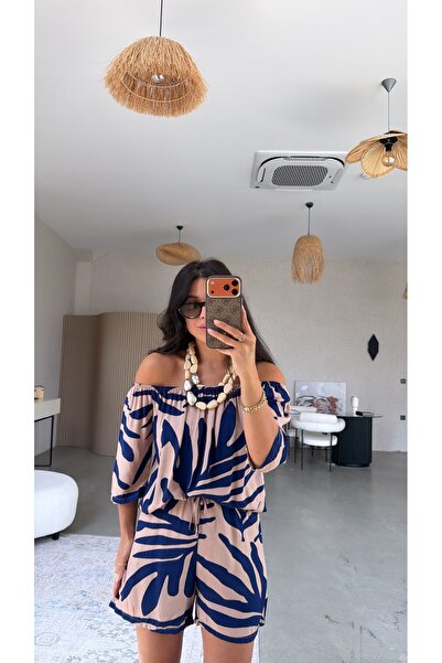 Buket Teke Navy Blue Patterned Madonna Collar Shorts Jumpsuit