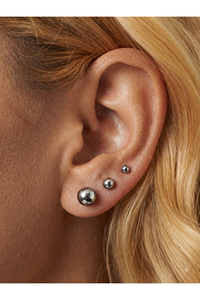 kurukafagift 3-Piece Silver Color Ball Stud Steel Earrings