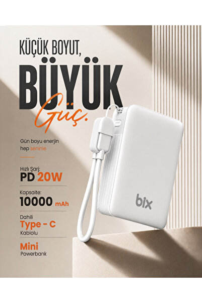 Bix PB116 10000mAh PD20W Hızlı Şarj Dahili Type-C Kablolu Mini Powerbank LED ...