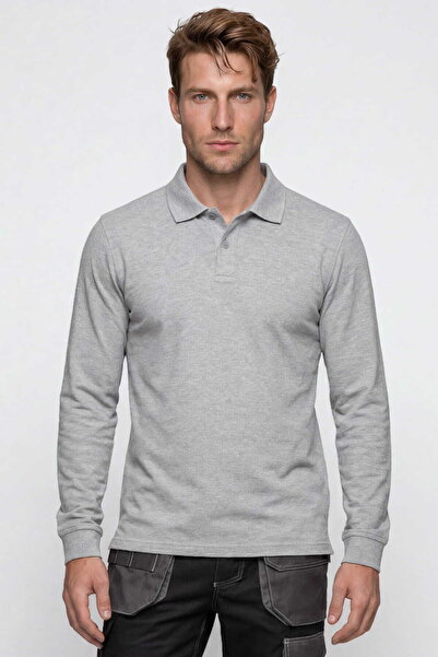 RELAXIA Men's Gray Melange Long Sleeve Polo Collar Business T-Shirt 100% Cott...
