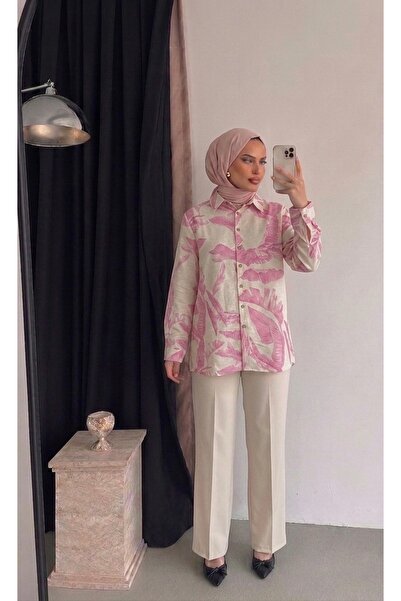 SheLoria Women's Pink Patterned Midi Hijab Linen Shirt