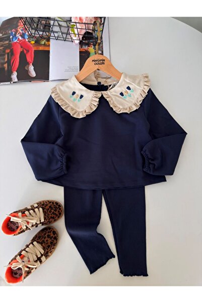 Minigimin Cicileri Tulip Collar Embroidery Detailed Girls' Tights Set - Blue