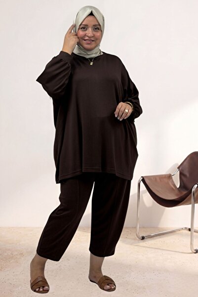 Eslina 67069 Large Size Low Sleeve Modal Pants Suit - Coffee