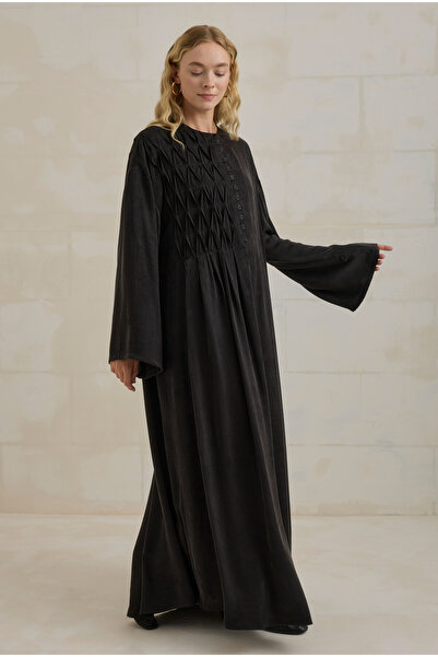 HEQA Nervür Motifli Liyosel Abaya Siyah