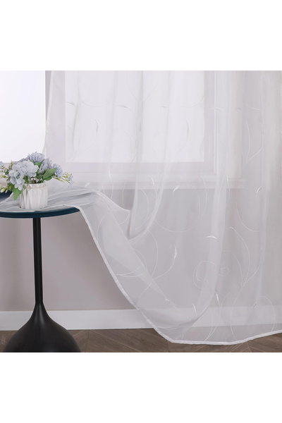 OEM Perdea brodată cu model frunze, cu inele la sus, 1 bucată – Alb 140x145cm