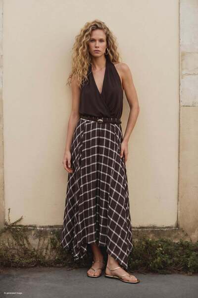 Sateen Long Plaid Skirt - Brown