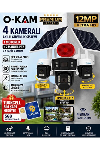 O-KAM OK337B Premium 12MP 4 Kameralı 4G Çift Solar Panel AOV Gece Görüş Sesli...