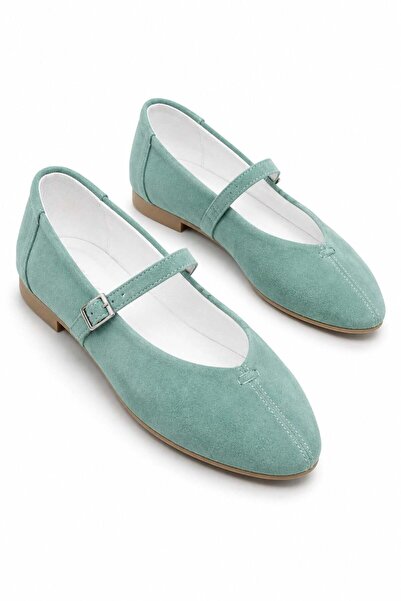Parponi Will Belted Round Toe Genuine Suede Leather Ballerinas Water Green