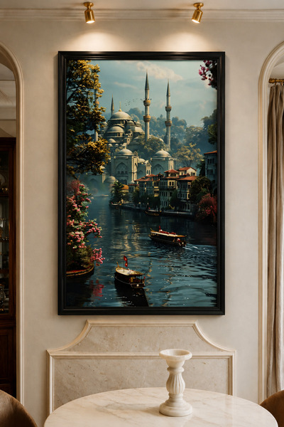 ARTAN GALLERY İtalyan Kadife İstanbul Boğazı Tablosu | Cami & Vapur Manzarası...