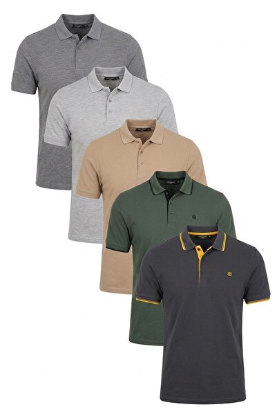 Buratti Pamuklu Regular Fit Düğmeli Polo Yaka 5'li Paket T Shirt Erkek T SHİR...