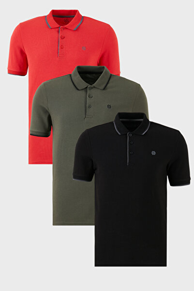 Buratti Cotton Regular Fit Stripe Detailed Buttoned Polo Collar 3-Pack t Shir...