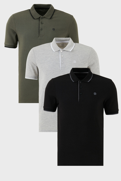 Buratti Pamuklu Regular Fit Şerit Detaylı Düğmeli Polo Yaka 3'lü Paket T Shir...