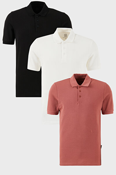 Buratti Pamuklu Regular Fit Düğmeli Polo Yaka 3'lü Paket T Shirt Erkek T SHİR...