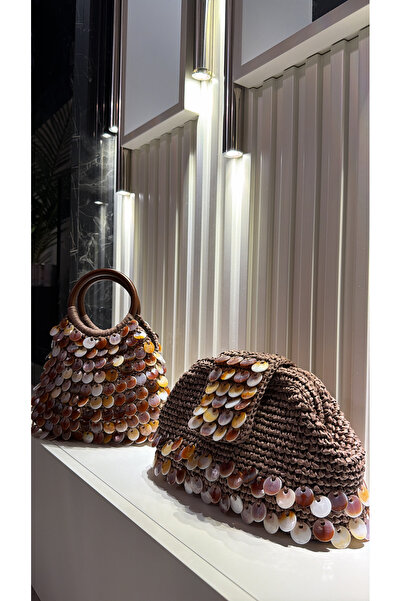 WOMANBAG Handmade Acrylic Sequined Straw Clutch Bag (Brown)