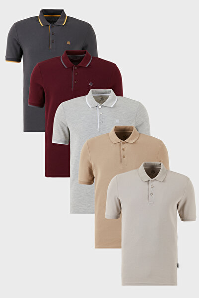 Buratti Pamuklu Regular Fit Düğmeli Polo Yaka 5'li Paket T Shirt Erkek T SHİR...