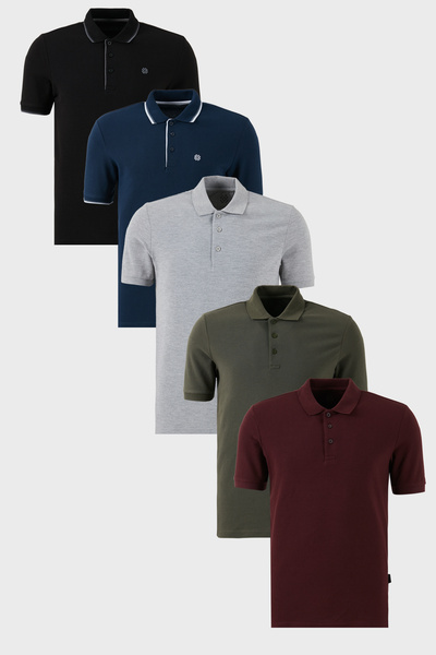Buratti Pamuklu Regular Fit Düğmeli Polo Yaka 5'li Paket T Shirt Erkek T SHİR...