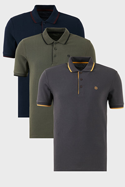 Buratti Cotton Regular Fit Stripe Detailed Buttoned Polo Collar 3-Pack t Shir...