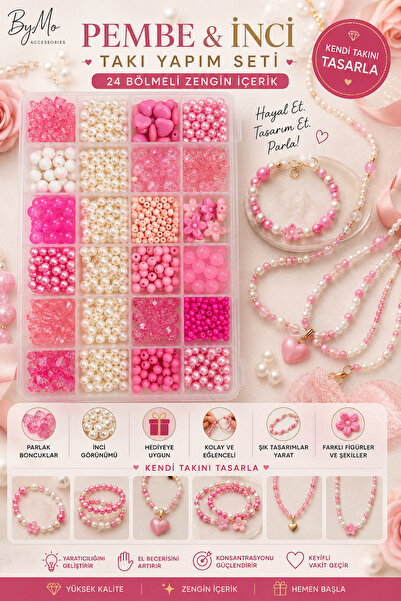 By MO Accessories Çocuklar İçin Pembe Boncuklar ve Figürlerle İnci Boncukla T...