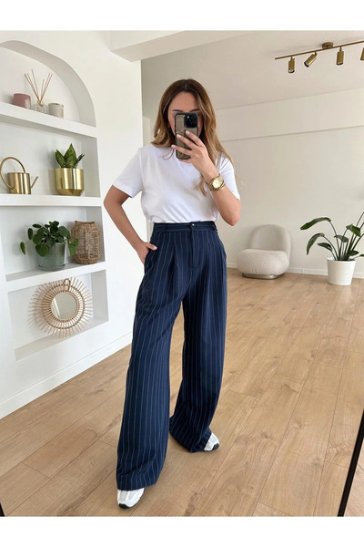 HATCELL Black Oversize Palazzo Pants with White Stripes