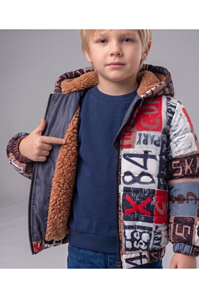 Cumino Boy's Fur Inside / Lining Coat-Hooded, Text Printed Boy's Coat