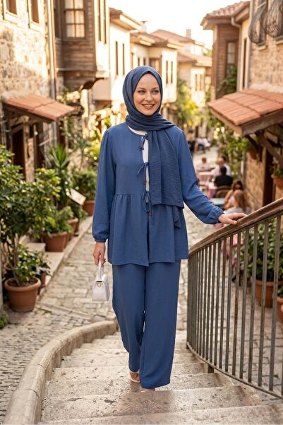 Kadın Önü Bağcıklı Tunik Pantolon İkili Takım Yuvarlak Yaka Alt Üst Takım