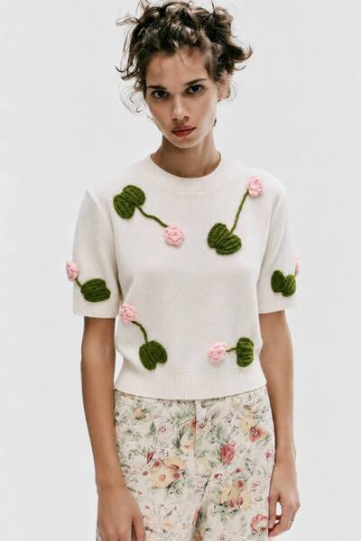 BUTİK TUANA Floral Embroidered Knitwear Blouse – Short Sleeve Crew Neck Knitt...