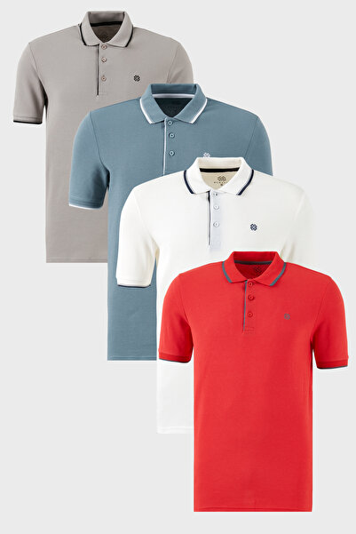 Buratti Cotton Regular Fit Stripe Detailed Buttoned Polo Collar 4-Pack t Shir...
