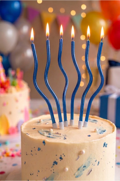FESTİVALOON 6’lı Metalik Mavi Dalgalı Pasta Mumu Doğum Günü Mumu Happy Birthd...