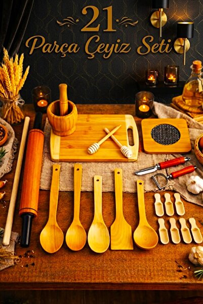 SWENCRAFT Doğal Ahşap Bambu 21 Li Dönerli Merdane Havan Oklava Nihale Kaşık Kepçe Bambu Kesme Tahtası Çeyiz Seti