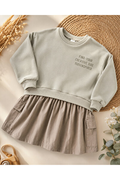 eladamoda Comfortable Cut Sweat Dress with Green Pocket Detail and Writing on...