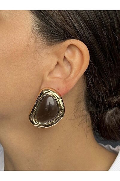 nunu takı Gold Color Framed Coffee Stone Earrings