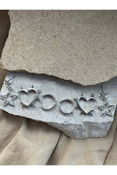 nunu takı Silver Color Stone Star Six Piece Earrings