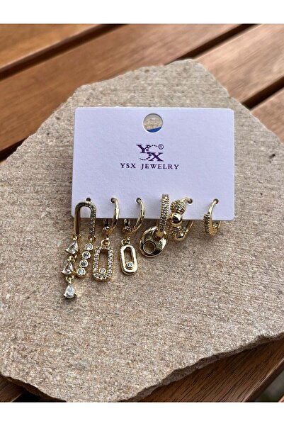 nunu takı Ysx Jewelry Gold Stone Paperclip Six-Piece Earring Set