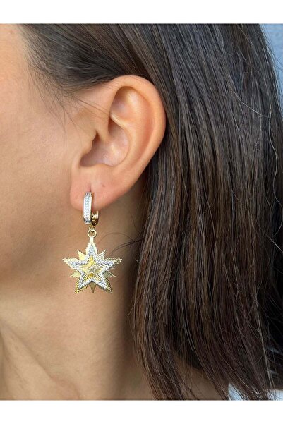 nunu takı Gold Color Star Earrings with Stones