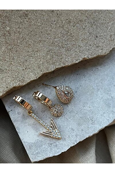 nunu takı Triple Earrings with Gold Color Arrow and Stone