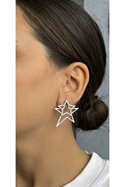nunu takı Silver Color Stone Two Star Earrings