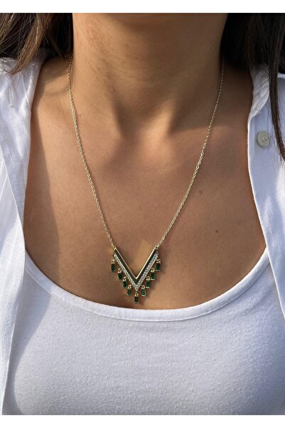 nunu takı Green Stone V Necklace