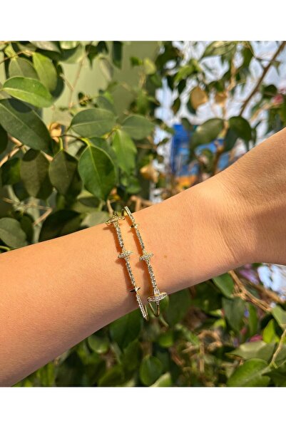 nunu takı Gold Colored Stone Clover Handcuffs