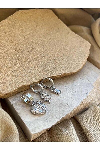 nunu takı Silver Color Heart Stone Triple Earrings