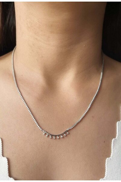 nunu takı Silver Color Necklace with Stone Beads and Stone End
