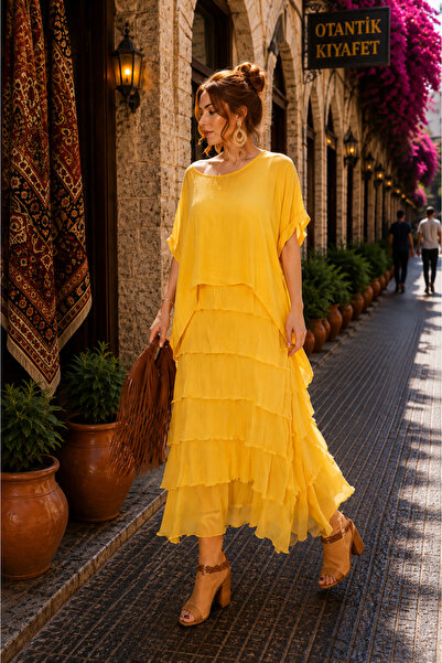EREN STYLE Italian Size 2 Slimming Half Sleeve Layered Silk Dress