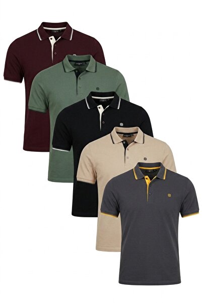 Buratti Cotton Regular Fit Stripe Detailed Buttoned Polo Collar 5 Pack t Shir...