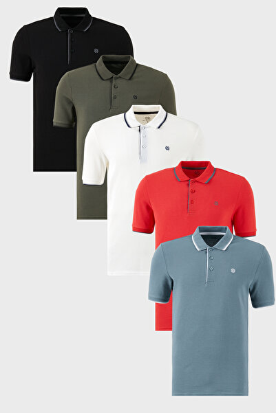 Buratti Cotton Regular Fit Stripe Detailed Buttoned Polo Collar 5 Pack t Shir...