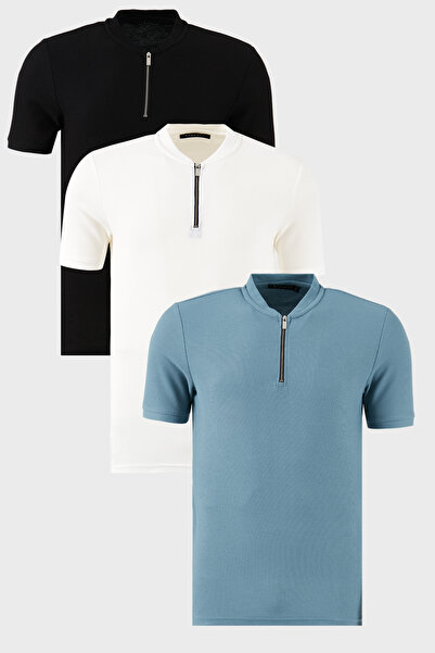 Buratti Cotton Regular Fit Half Zipper College Collar 3 Pack t Shirt Men t Sh...