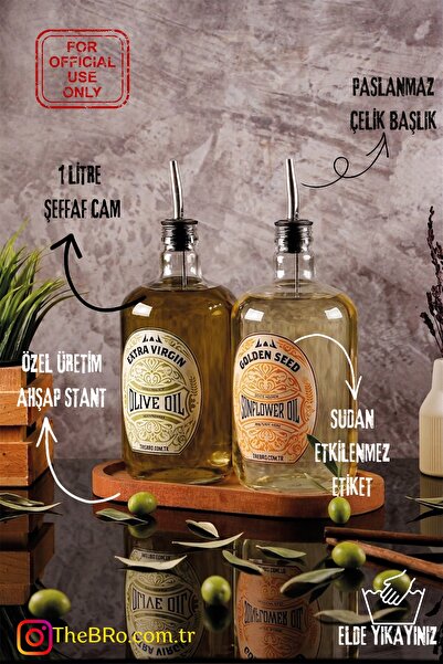 TheBRo 1 Litre Ahşap Stantlı Elite Serisi Şeffaf Cam Zeytinyağı ve Ayçiçek Ya...