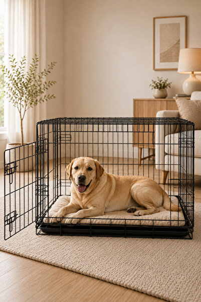 TncPatiShop Katlanabilir Metal İki Kapılı Tepsili Lüks Köpek Kafesi Siyah 91x...