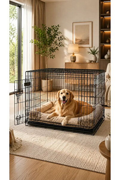 TncPatiShop KATLANABİLİR METAL KEDİ VE KÖPEK KAFESİ İKİ KAPILI SİYAH 77x48x56 cm