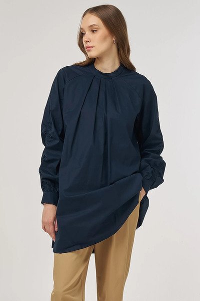 Kayra Pile Detailed Cotton Tunic Dark Navy Blue