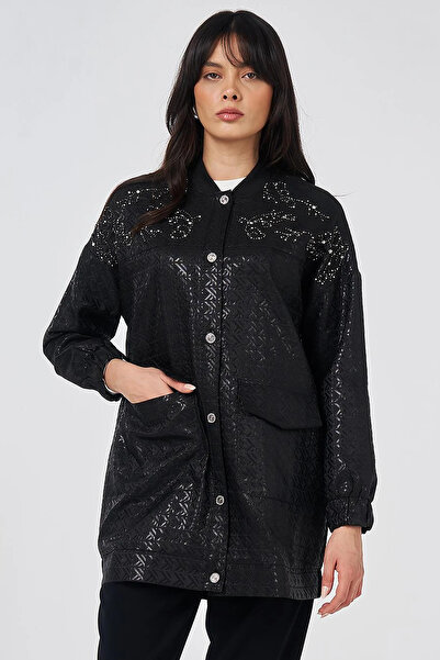 Kayra Jacquard Jacket with Embroidery Detail Black