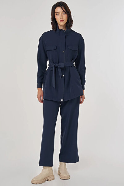 Kayra Double Suit with Stitching Detail Dark Navy Blue